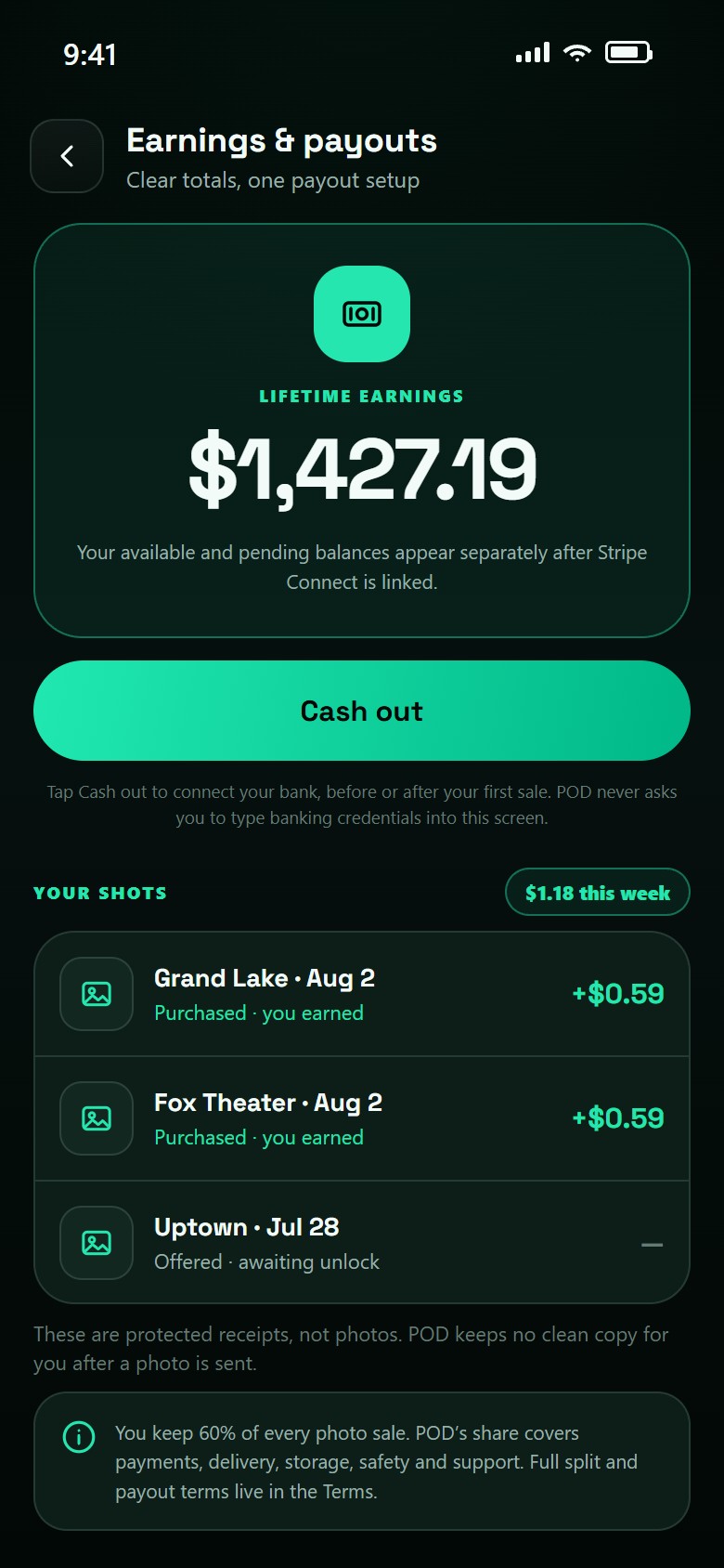 The earnings screen: lifetime earnings, a Cash out button, and a list of purchased shots.