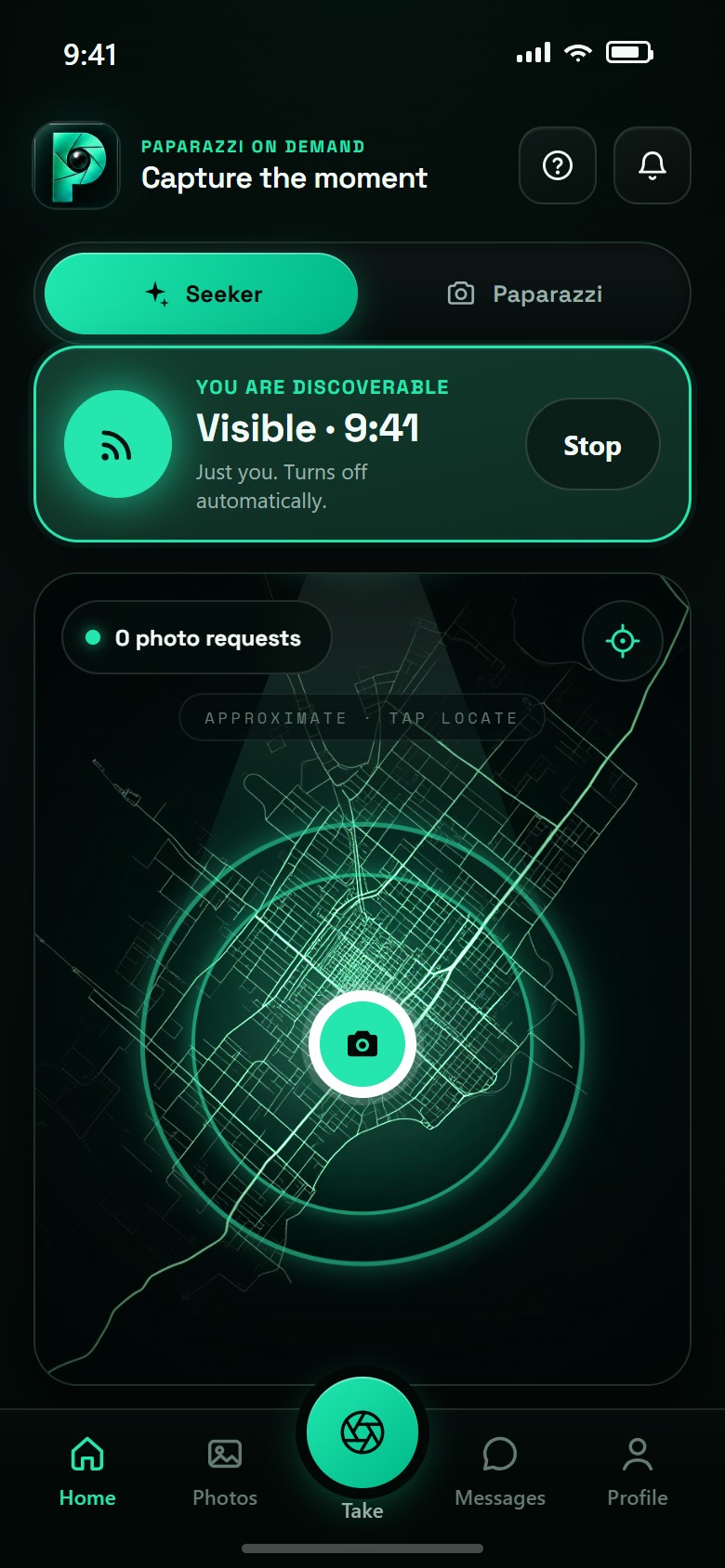 The home screen: a Seeker set to Visible on the glowing map.